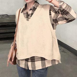 Long Sleeve Plaid Shirt / V-neck Knit Vest