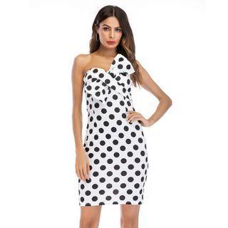 Dotted Off-shoulder Mini Sheath Dress