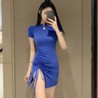 Short-sleeve Drawstring Mini Bodycon Qipao Dress