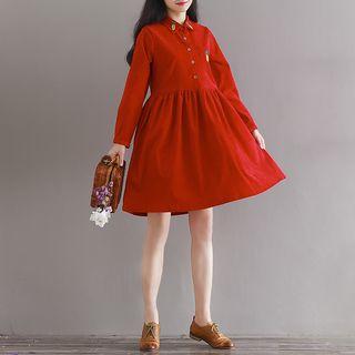 Embroidered Corduroy Long-sleeve Shirtdress