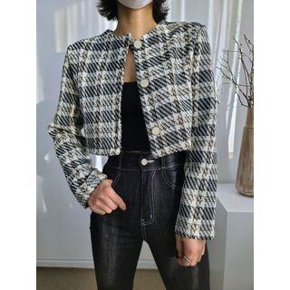 Buttoned Plaid Crop Jacket
