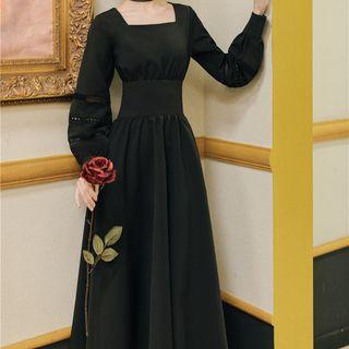 Square-neck Ruched Long-sleeve A-line Maxi Dress