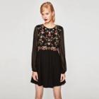 Long-sleeve Tulle Panel Embroidery Dress