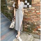 Short-sleeve Zip-up Midi A-line Dress