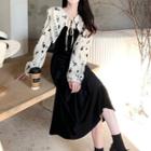 Balloon-sleeve Floral Panel Midi A-line Dress