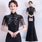 Cap-sleeve Lace Mermaid Qipao Maxi Dress