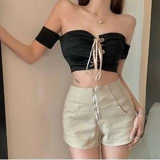 Off-shoulder Lace-up Crop Top Black - One Size