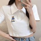 Short-sleeve Embroidered Cropped Polo Shirt White - One Size