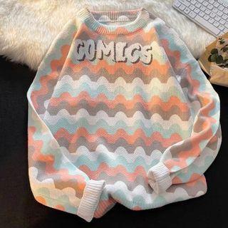 Long-sleeve Lettering Color Block Knit Sweater