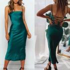 Spaghetti Strap Lace-up Back Midi Bodycon Dress