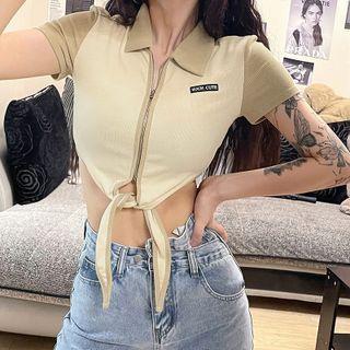 Short Sleeve Collar Color-block Zip-up Crop Top