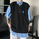 Elbow-sleeve Plain Shirt / Smiley Face Embroidered Vest