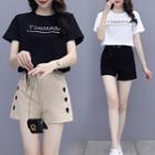 Set: Short-sleeve Lettering T-shirt + Heart Embroidered Shorts
