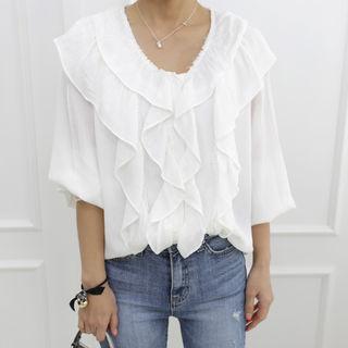 Crochet-cuff Ruffled Blouse