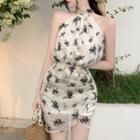 Halter-neck Off-shoulder Floral Ruched Dress