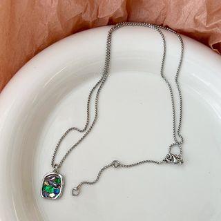 Square Rhinestone Pendant Stainless Steel Necklace E504 - Silver - One Size