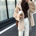 Hooded Furry Button Jacket Almond - One Size