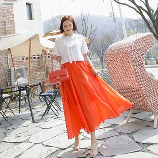 Band-waist Vivid-color Flared Skirt
