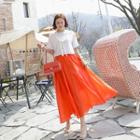 Band-waist Vivid-color Flared Skirt