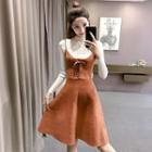 Set: Plain Sweater + Lace Up Detail Spaghetti Strap Dress