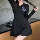 Collared Numbering Knit Mini A-line Dress
