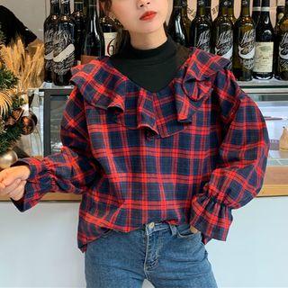 Mock Two Piece Ruffle-trim Plaid Blouse