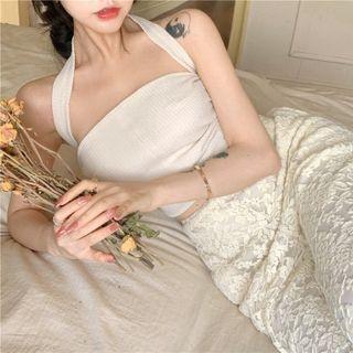 Sleeveless Plain Slim-fit Halter Cropped Top / Lace Loose-fit Pants