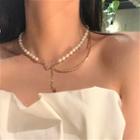 Layered Faux Pearl Necklace Gold & White - One Size