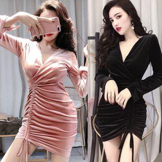 Long-sleeve Mini Shirred Velvet Sheath Dress