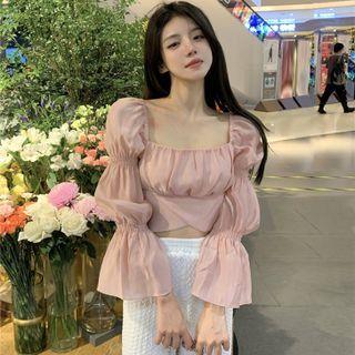 Long-sleeve Square-neck Cropped Blouse / Wide Leg Pants