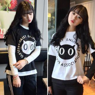 Print Panel Mock Two-piece Long-sleeve T-shirt