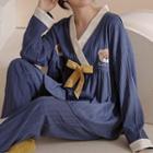 Loungewear Set : Contrast Trim Long-sleeve Bow Bear Print Top + Pants