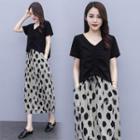 Set: Short-sleeve Drawstring T-shirt + Dotted Midi Skirt