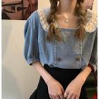 Short-sleeve Denim Blouse / Lace Mini Skirt