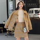 Set: Plaid Woolen Coat + Mini A-line Skirt