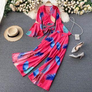 Set 2-piece : Print Lace-up Strap Top + High-waist Split Wide-leg Pants