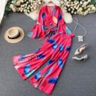 Set 2-piece : Print Lace-up Strap Top + High-waist Split Wide-leg Pants