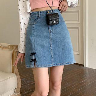 Bow Detail Denim Mini A-line Skirt