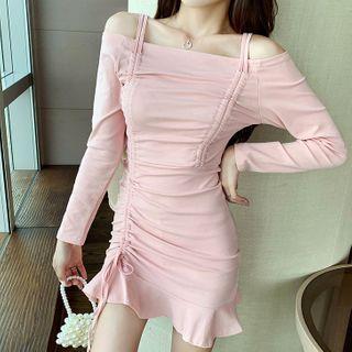 Off-shoulder Drawstring Ruffled Dress