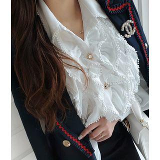 Rhinestone-button Crochet-trim Frilled Blouse Ivory - One Size