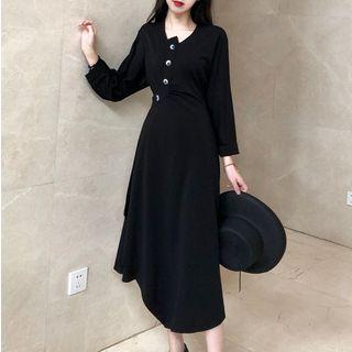 Long-sleeve Side-buttoned A-line Midi Dress