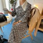 Long-sleeve Floral Print Midi Dress Floral - Black & Gray - One Size