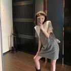 Short-sleeve Wide Collar Gingham Check Blouse