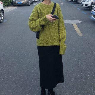 Long-sleeve Plain Sweater / High-waist Plain Skirt