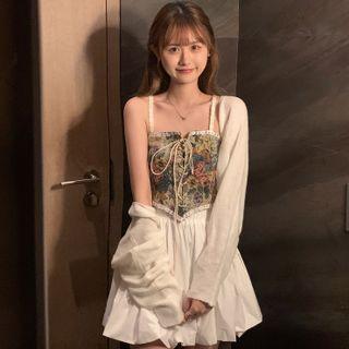 Floral Lace-up Camisole Top / Long-sleeve Cropped Cardigan / Plain Ruched Mini A-line Skirt