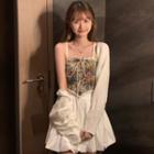 Floral Lace-up Camisole Top / Long-sleeve Cropped Cardigan / Plain Ruched Mini A-line Skirt