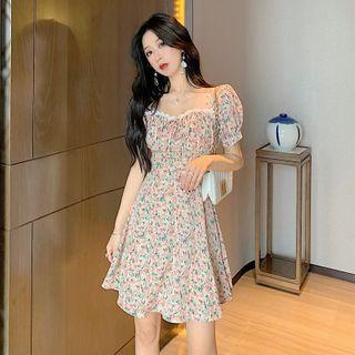 Puff-sleeve Lace Trim Floral Dress