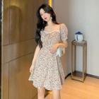 Puff-sleeve Lace Trim Floral Dress