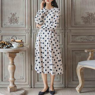 Puff-sleeve Polka Dot Midi A-line Dress