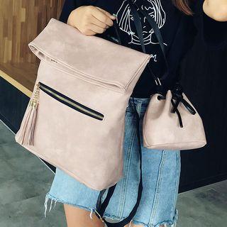 Set: Tassel Faux Leather Backpack + Drawstring Pouch